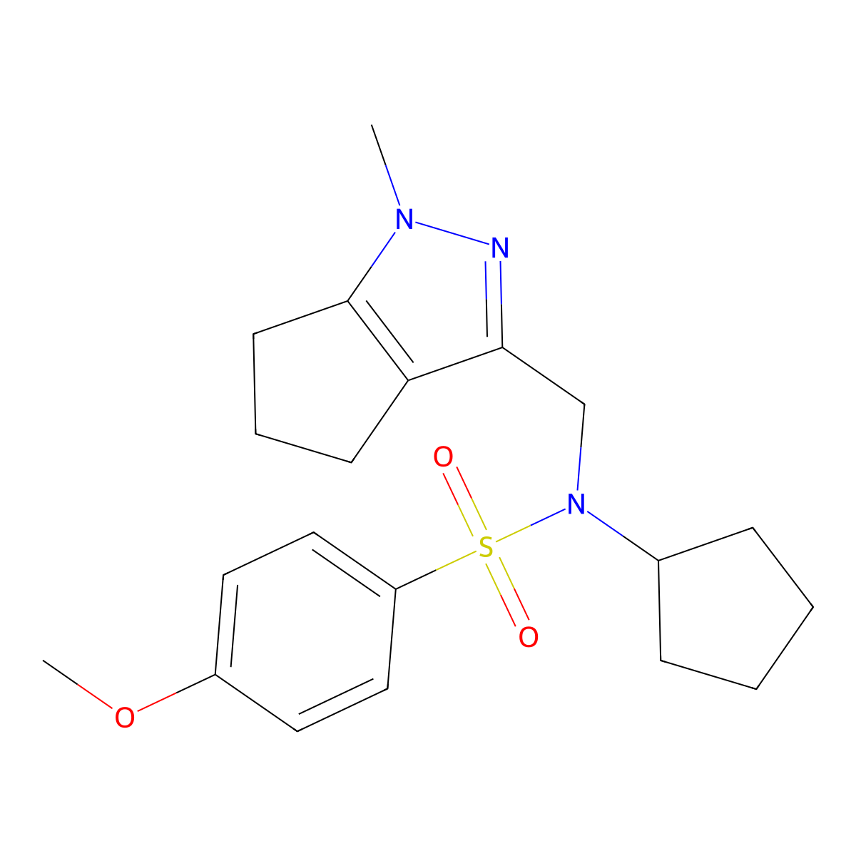 N-cyclopentyl-4-methoxy-N-((1-methyl-1,4,5,6-tetrahydrocyclopenta[c]pyrazol-3-yl)methyl)benzenesulfonamide molecular structure, CAS 2034454-20-9