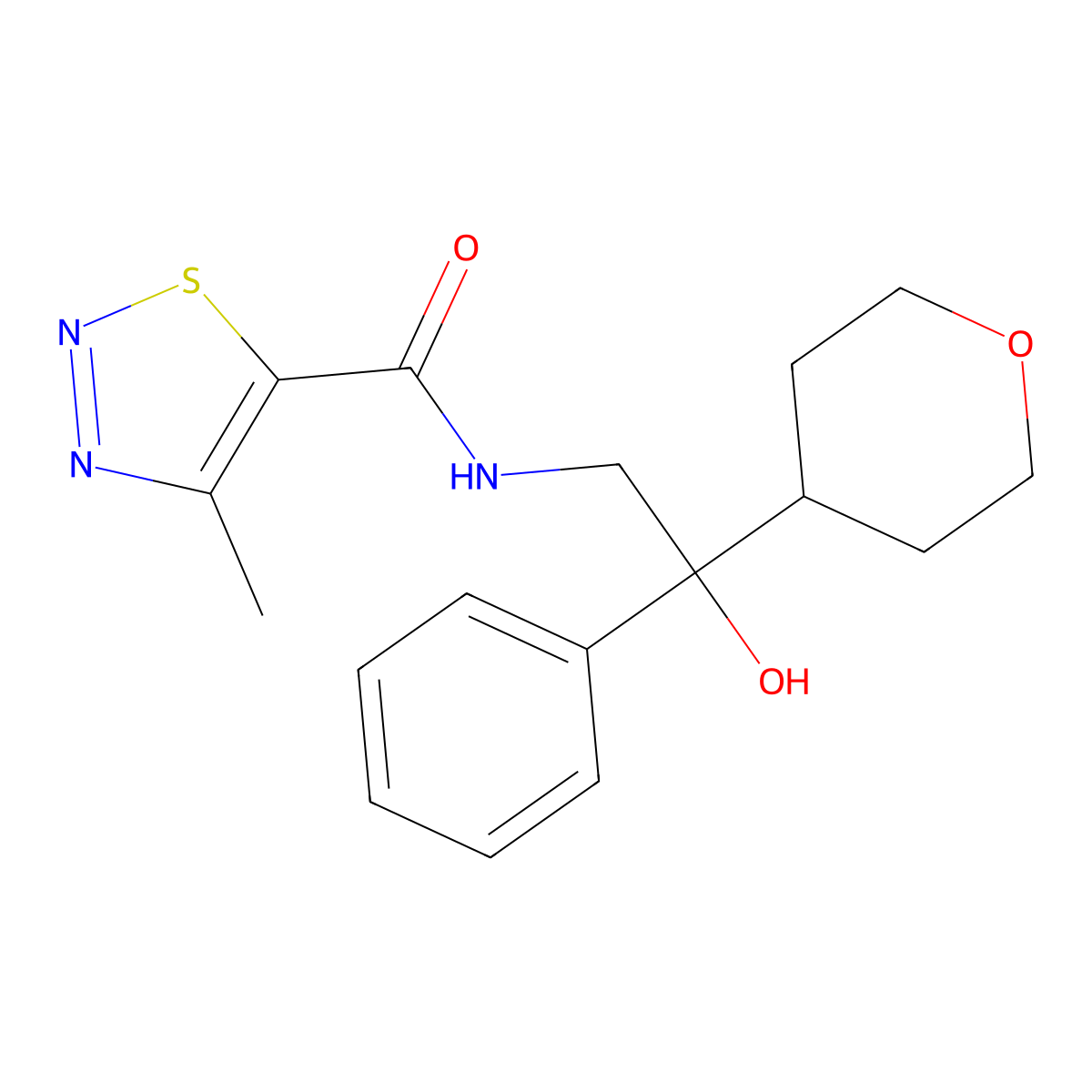 N-(2-hydroxy-2-phenyl-2-(tetrahydro-2H-pyran-4-yl)ethyl)-4-methyl-1,2,3-thiadiazole-5-carboxamide molecular structure, CAS 2034454-41-4