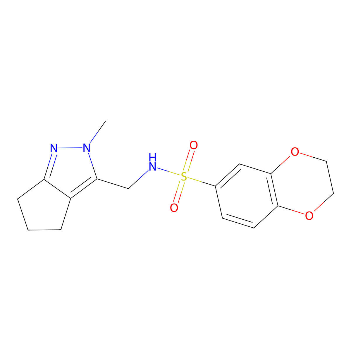 N-((2-methyl-2,4,5,6-tetrahydrocyclopenta[c]pyrazol-3-yl)methyl)-2,3-dihydrobenzo[b][1,4]dioxine-6-sulfonamide molecular structure, CAS 2034454-47-0