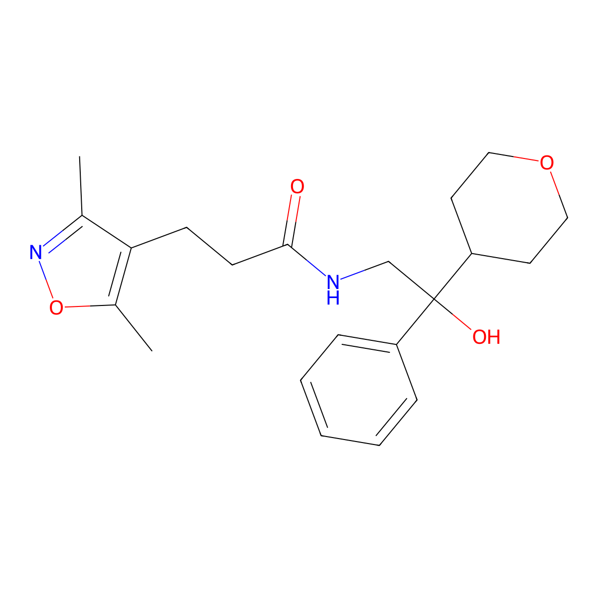 3-(3,5-dimethylisoxazol-4-yl)-N-(2-hydroxy-2-phenyl-2-(tetrahydro-2H-pyran-4-yl)ethyl)propanamide molecular structure, CAS 2034454-50-5