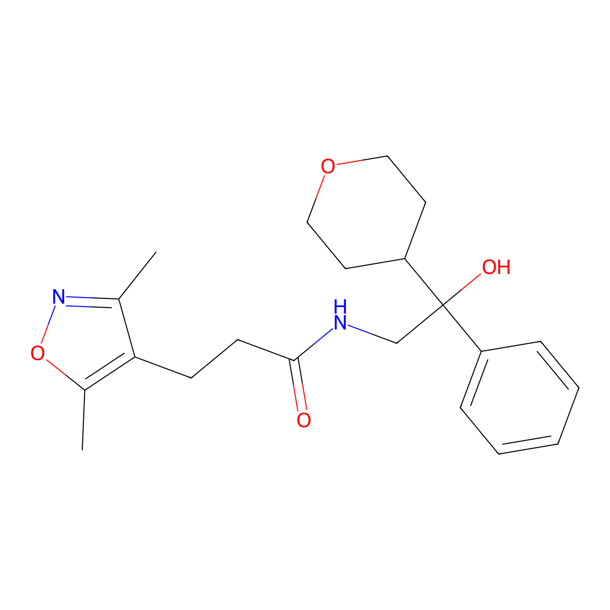 3-(3,5-dimethylisoxazol-4-yl)-N-(2-hydroxy-2-phenyl-2-(tetrahydro-2H-pyran-4-yl)ethyl)propanamide molecular structure, CAS 2034454-50-5