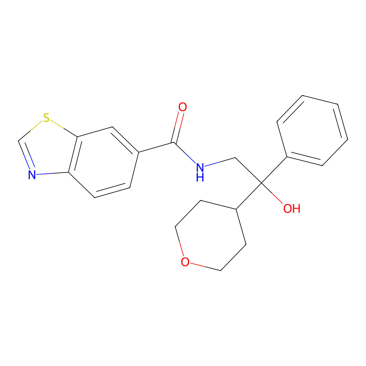 N-[2-hydroxy-2-(oxan-4-yl)-2-phenylethyl]-1,3-benzothiazole-6-carboxamide molecular structure, CAS 2034454-56-1