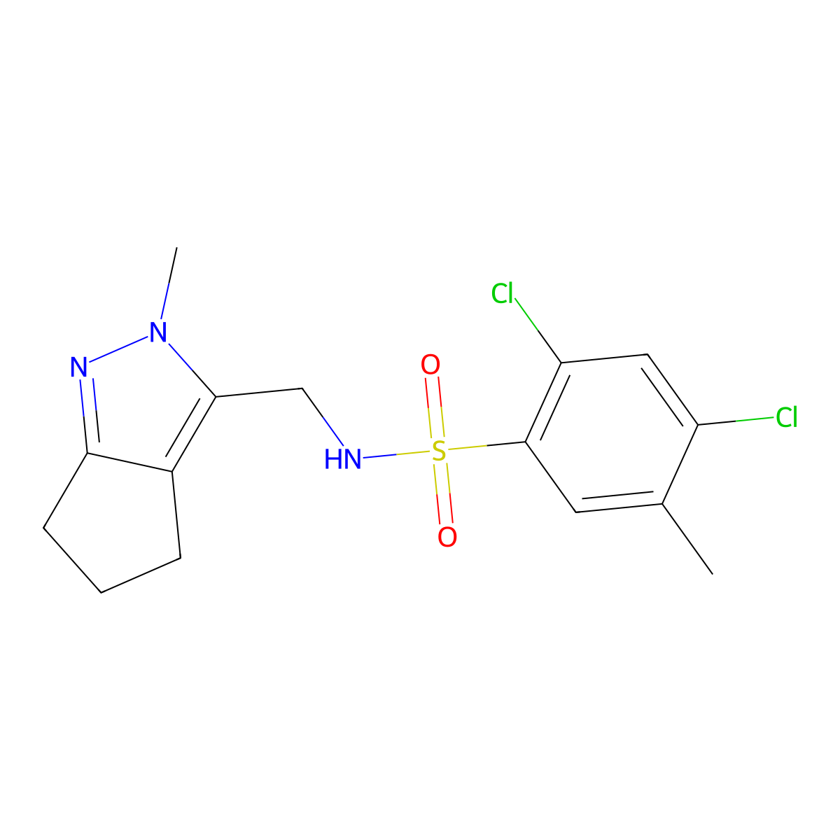 2,4-dichloro-5-methyl-N-((2-methyl-2,4,5,6-tetrahydrocyclopenta[c]pyrazol-3-yl)methyl)benzenesulfonamide molecular structure, CAS 2034454-59-4