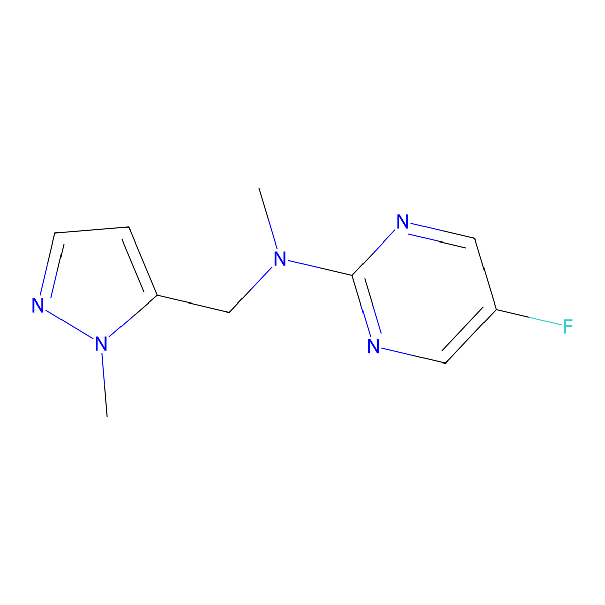 5-fluoro-N-methyl-N-((1-methyl-1H-pyrazol-5-yl)methyl)pyrimidin-2-amine molecular structure, CAS 2034454-61-8