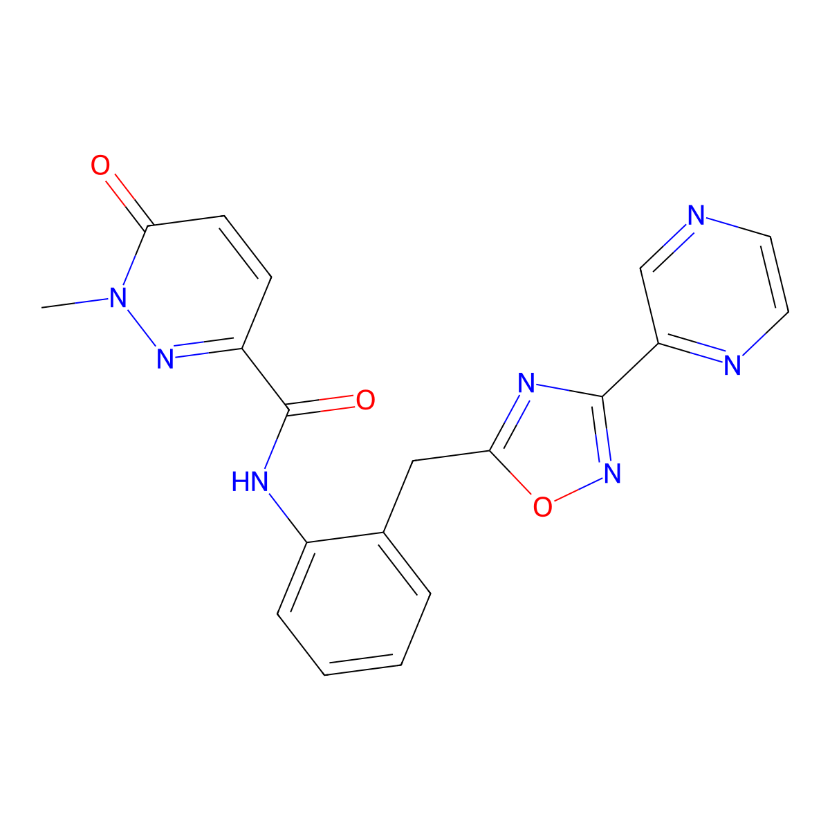 1-methyl-6-oxo-N-(2-{[3-(pyrazin-2-yl)-1,2,4-oxadiazol-5-yl]methyl}phenyl)-1,6-dihydropyridazine-3-carboxamide molecular structure, CAS 2034454-73-2