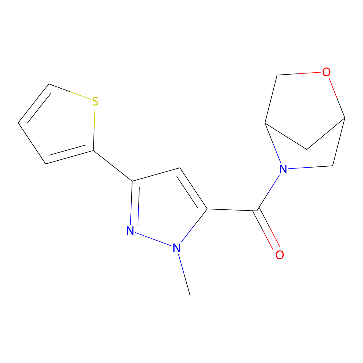 2-oxa-5-azabicyclo[2.2.1]heptan-5-yl(1-methyl-3-(thiophen-2-yl)-1H-pyrazol-5-yl)methanone molecular structure, CAS 2034454-79-8