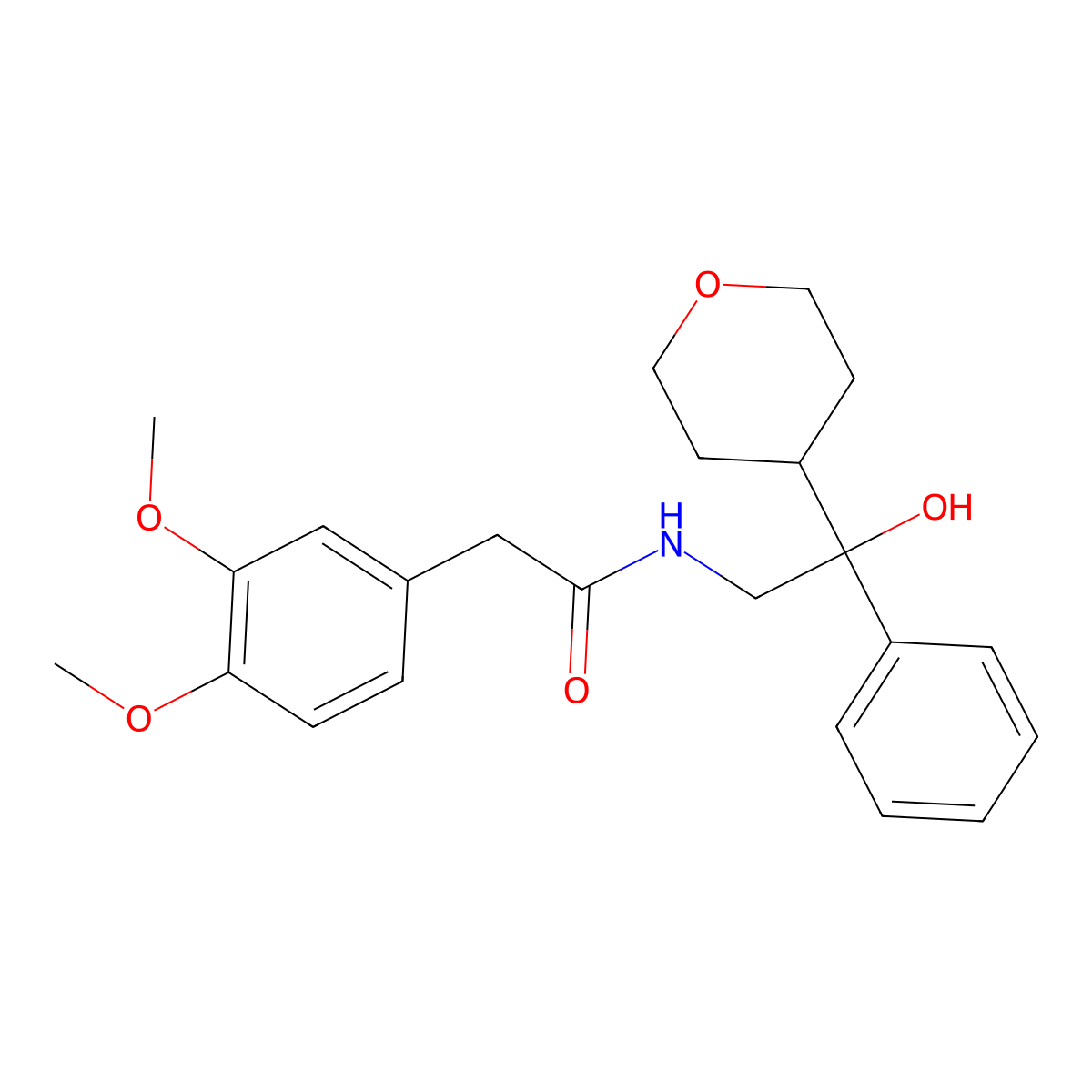 2-(3,4-dimethoxyphenyl)-N-(2-hydroxy-2-phenyl-2-(tetrahydro-2H-pyran-4-yl)ethyl)acetamide molecular structure, CAS 2034454-80-1