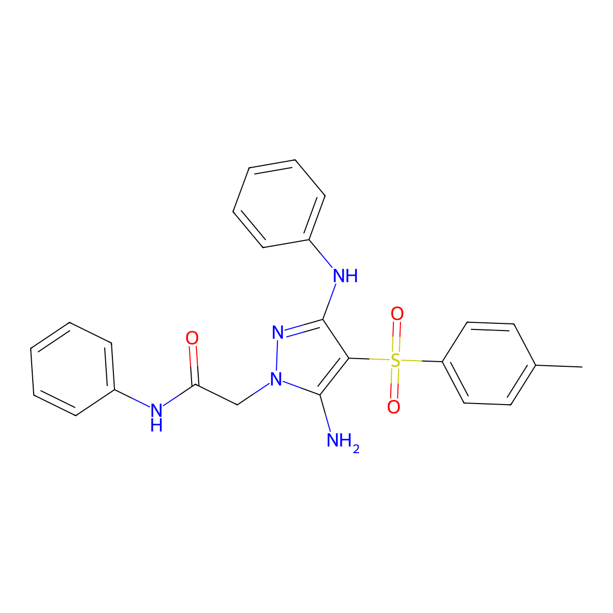 2-(5-amino-3-(phenylamino)-4-tosyl-1H-pyrazol-1-yl)-N-phenylacetamide molecular structure, CAS 2034454-89-0