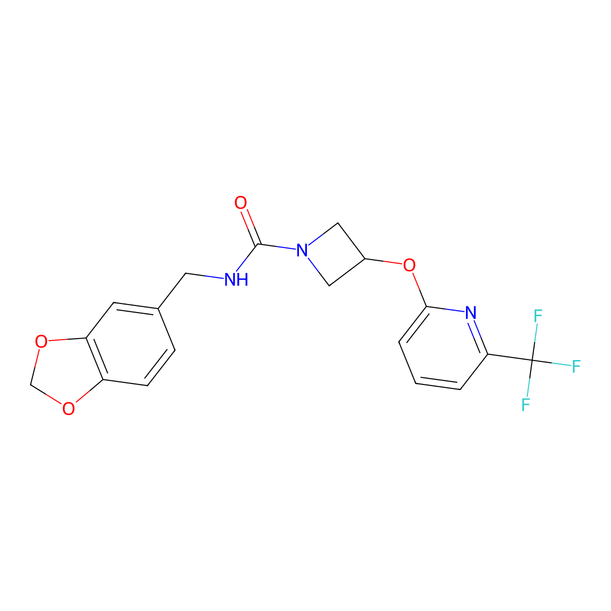 N-(benzo[d][1,3]dioxol-5-ylmethyl)-3-((6-(trifluoromethyl)pyridin-2-yl)oxy)azetidine-1-carboxamide molecular structure, CAS 2034454-95-8