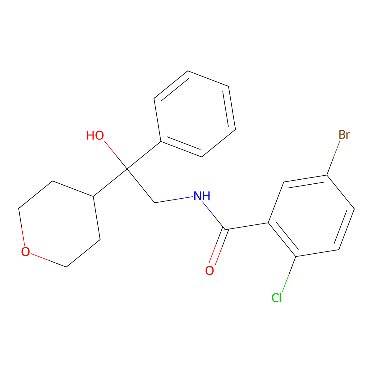 5-bromo-2-chloro-N-(2-hydroxy-2-phenyl-2-(tetrahydro-2H-pyran-4-yl)ethyl)benzamide molecular structure, CAS 2034455-01-9
