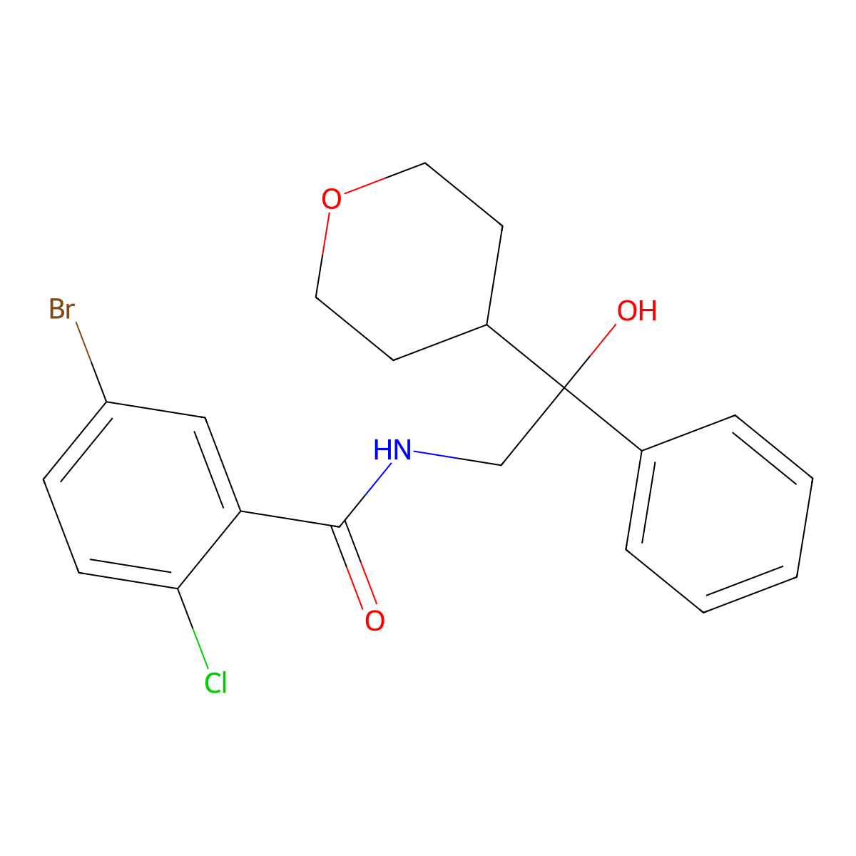 5-bromo-2-chloro-N-(2-hydroxy-2-phenyl-2-(tetrahydro-2H-pyran-4-yl)ethyl)benzamide molecular structure, CAS 2034455-01-9