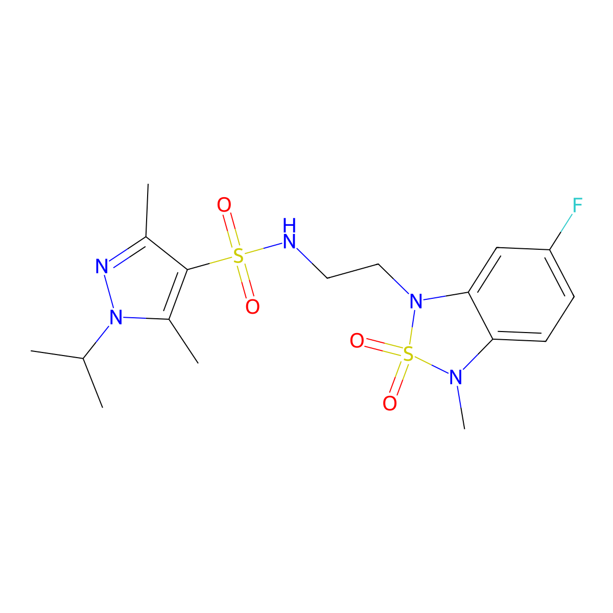 N-(2-(6-fluoro-3-methyl-2,2-dioxidobenzo[c][1,2,5]thiadiazol-1(3H)-yl)ethyl)-1-isopropyl-3,5-dimethyl-1H-pyrazole-4-sulfonamide molecular structure, CAS 2034455-11-1