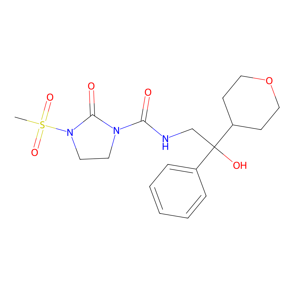 N-(2-hydroxy-2-phenyl-2-(tetrahydro-2H-pyran-4-yl)ethyl)-3-(methylsulfonyl)-2-oxoimidazolidine-1-carboxamide molecular structure, CAS 2034455-52-0