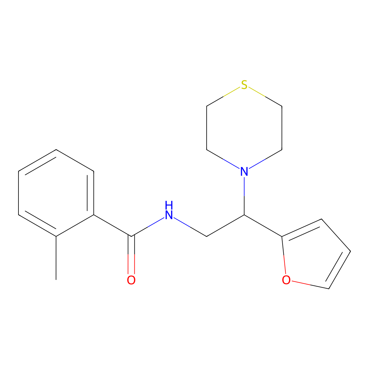 N-(2-(furan-2-yl)-2-thiomorpholinoethyl)-2-methylbenzamide molecular structure, CAS 2034455-57-5