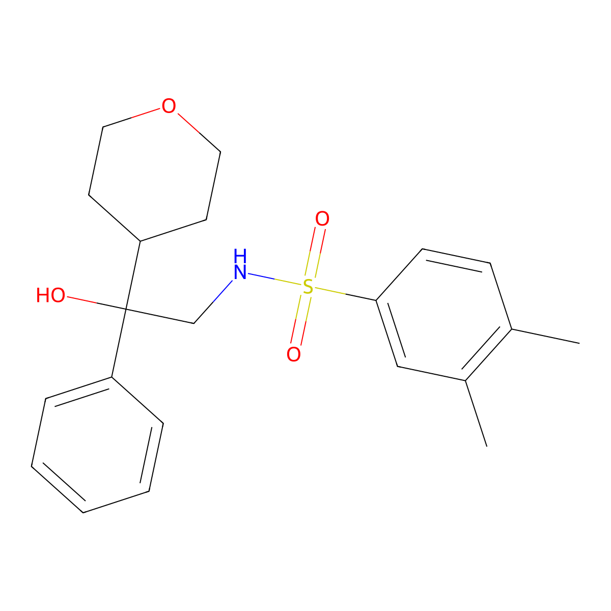 N-(2-hydroxy-2-phenyl-2-(tetrahydro-2H-pyran-4-yl)ethyl)-3,4-dimethylbenzenesulfonamide molecular structure, CAS 2034455-63-3