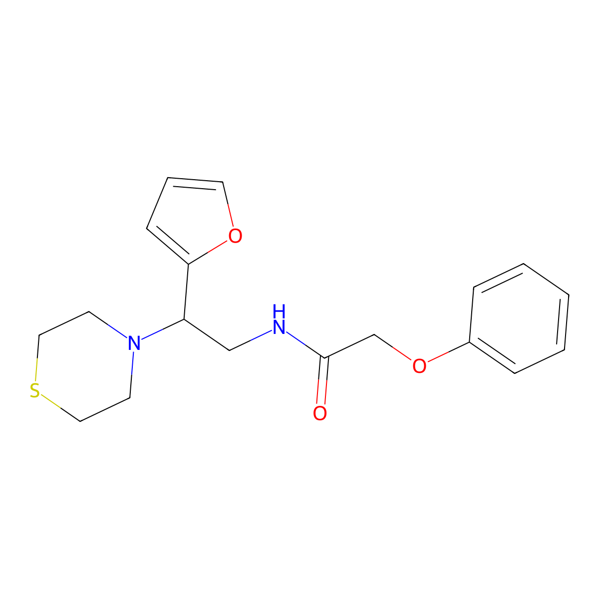 N-(2-(furan-2-yl)-2-thiomorpholinoethyl)-2-phenoxyacetamide molecular structure, CAS 2034455-73-5