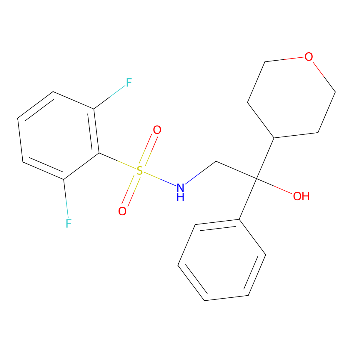 2,6-difluoro-N-(2-hydroxy-2-phenyl-2-(tetrahydro-2H-pyran-4-yl)ethyl)benzenesulfonamide molecular structure, CAS 2034455-76-8