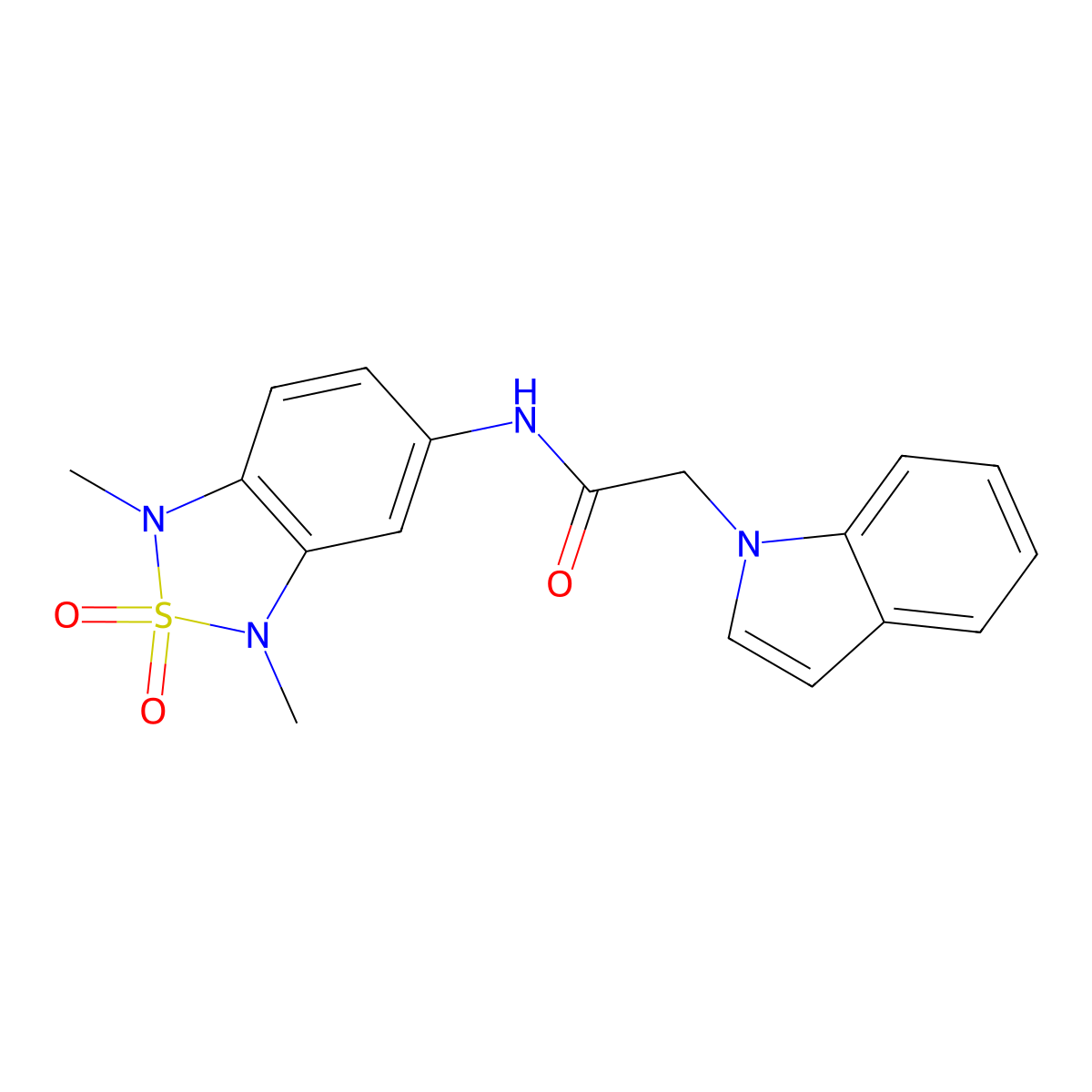 N-(1,3-dimethyl-2,2-dioxido-1,3-dihydrobenzo[c][1,2,5]thiadiazol-5-yl)-2-(1H-indol-1-yl)acetamide molecular structure, CAS 2034455-77-9