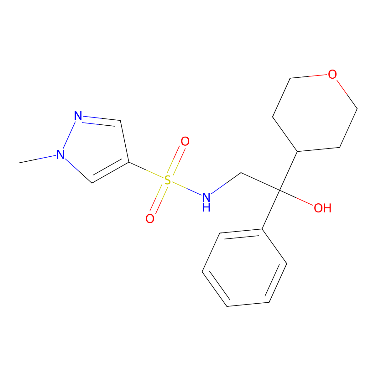 N-(2-hydroxy-2-phenyl-2-(tetrahydro-2H-pyran-4-yl)ethyl)-1-methyl-1H-pyrazole-4-sulfonamide molecular structure, CAS 2034455-90-6