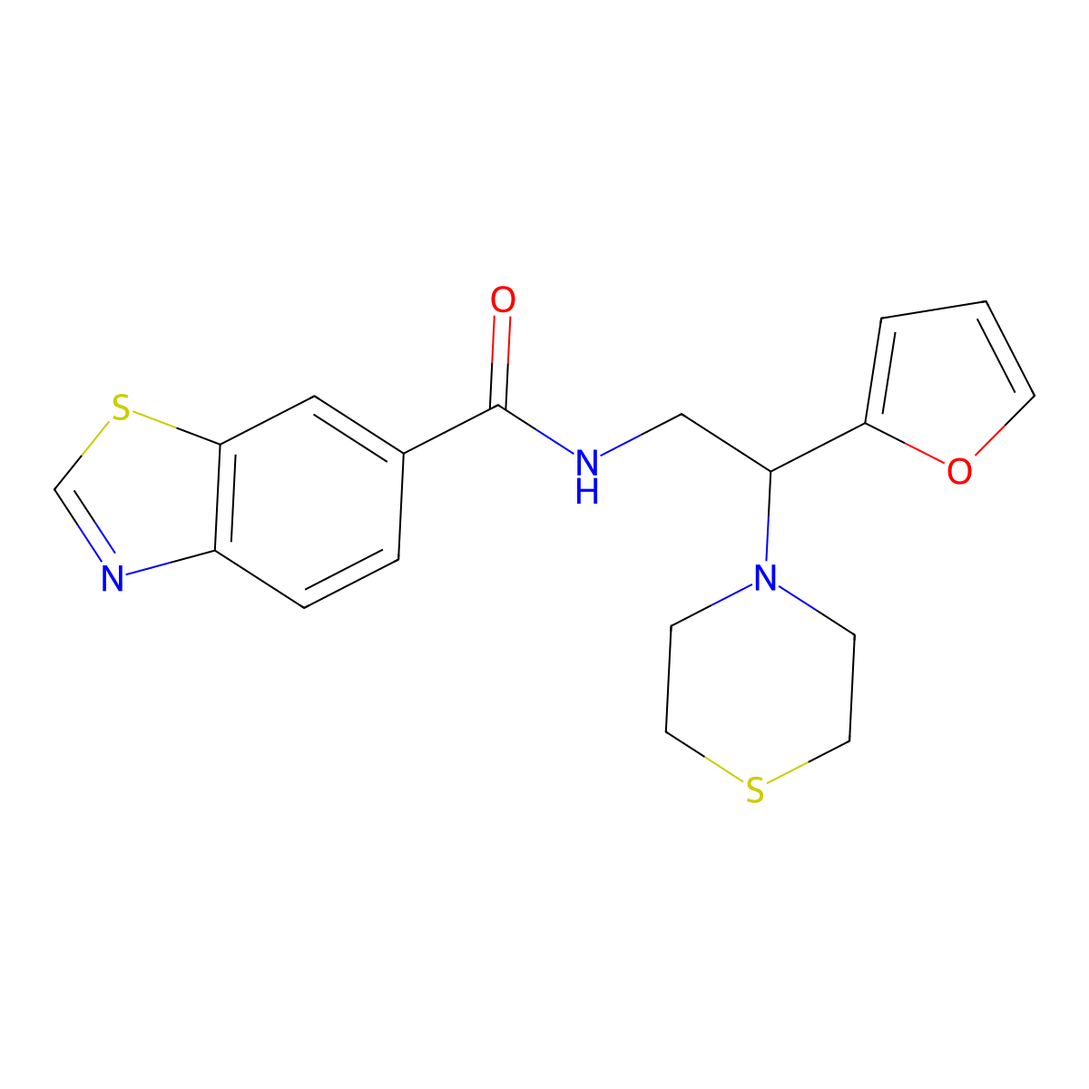 N-(2-(furan-2-yl)-2-thiomorpholinoethyl)benzo[d]thiazole-6-carboxamide molecular structure, CAS 2034455-96-2