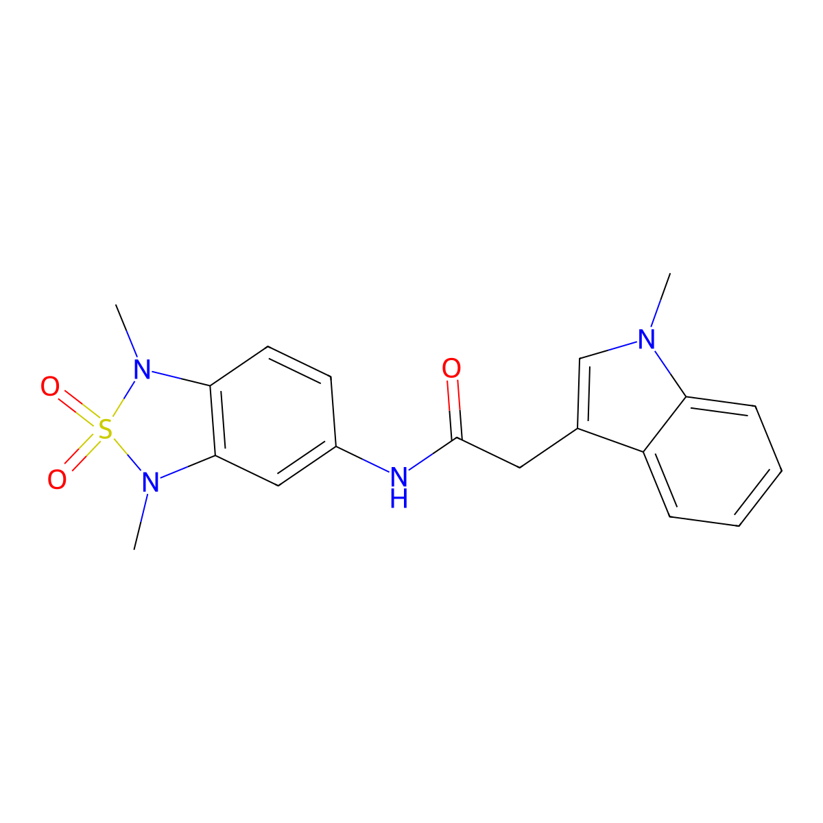 N-(1,3-dimethyl-2,2-dioxido-1,3-dihydrobenzo[c][1,2,5]thiadiazol-5-yl)-2-(1-methyl-1H-indol-3-yl)acetamide molecular structure, CAS 2034455-98-4