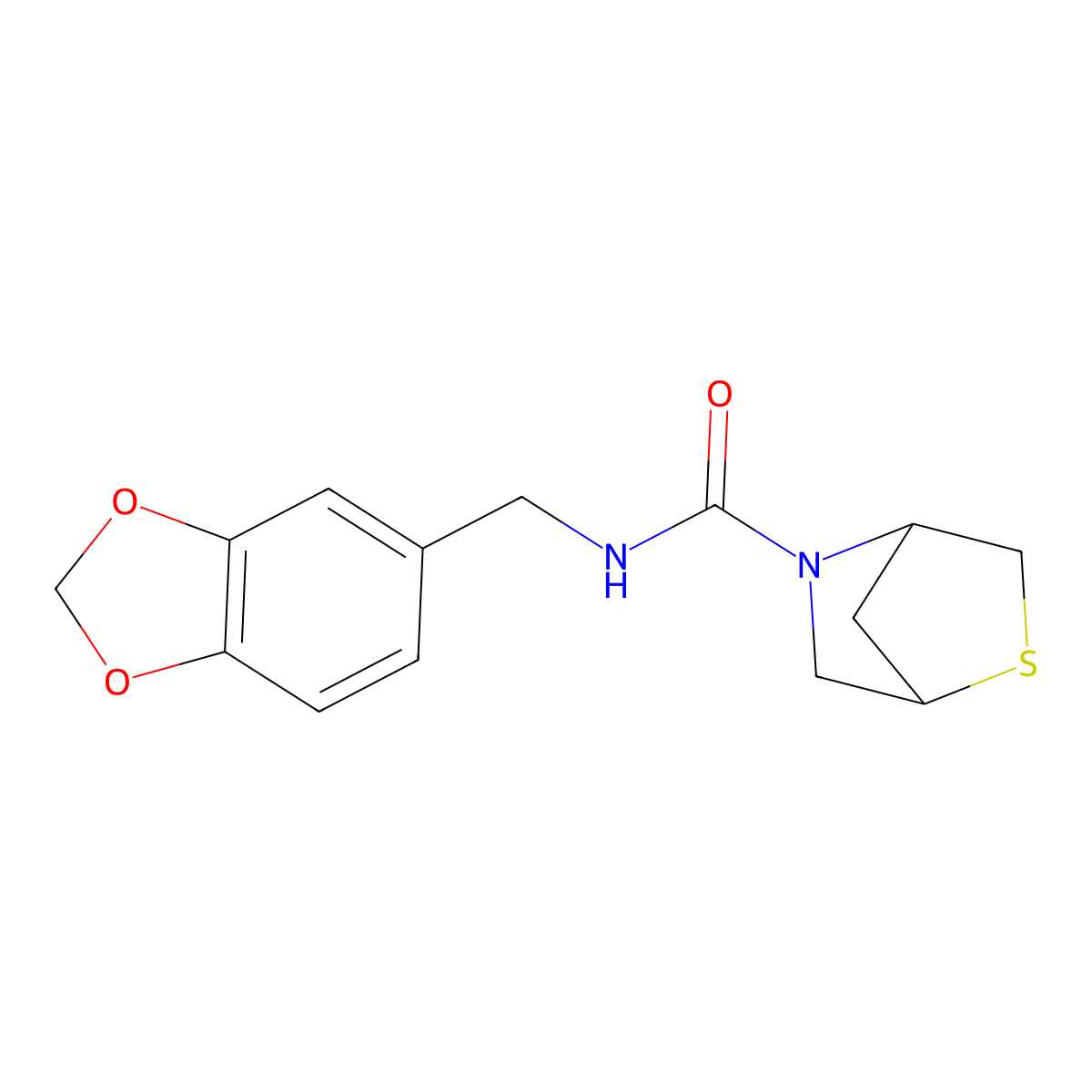 N-(benzo[d][1,3]dioxol-5-ylmethyl)-2-thia-5-azabicyclo[2.2.1]heptane-5-carboxamide molecular structure, CAS 2034456-00-1