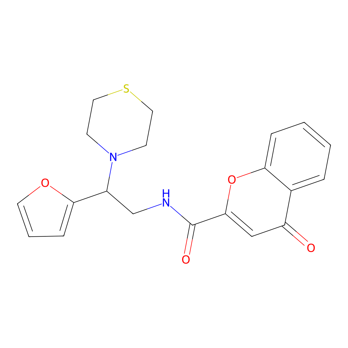 N-(2-(furan-2-yl)-2-thiomorpholinoethyl)-4-oxo-4H-chromene-2-carboxamide molecular structure, CAS 2034456-03-4