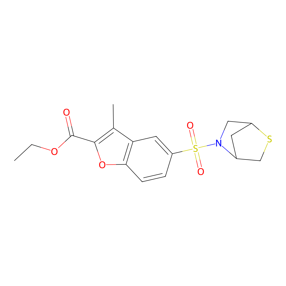Ethyl 5-(2-thia-5-azabicyclo[2.2.1]heptan-5-ylsulfonyl)-3-methylbenzofuran-2-carboxylate molecular structure, CAS 2034456-05-6
