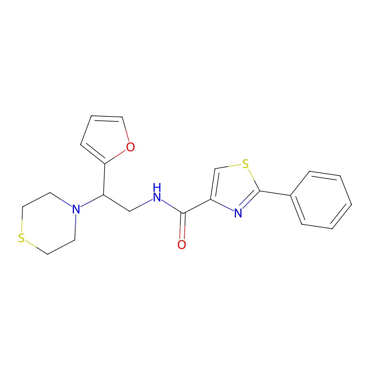 N-(2-(furan-2-yl)-2-thiomorpholinoethyl)-2-phenylthiazole-4-carboxamide molecular structure, CAS 2034456-07-8