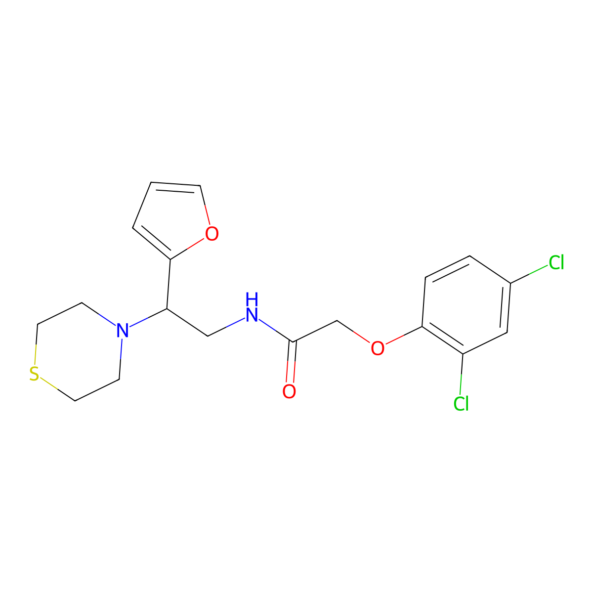 2-(2,4-dichlorophenoxy)-N-(2-(furan-2-yl)-2-thiomorpholinoethyl)acetamide molecular structure, CAS 2034456-15-8