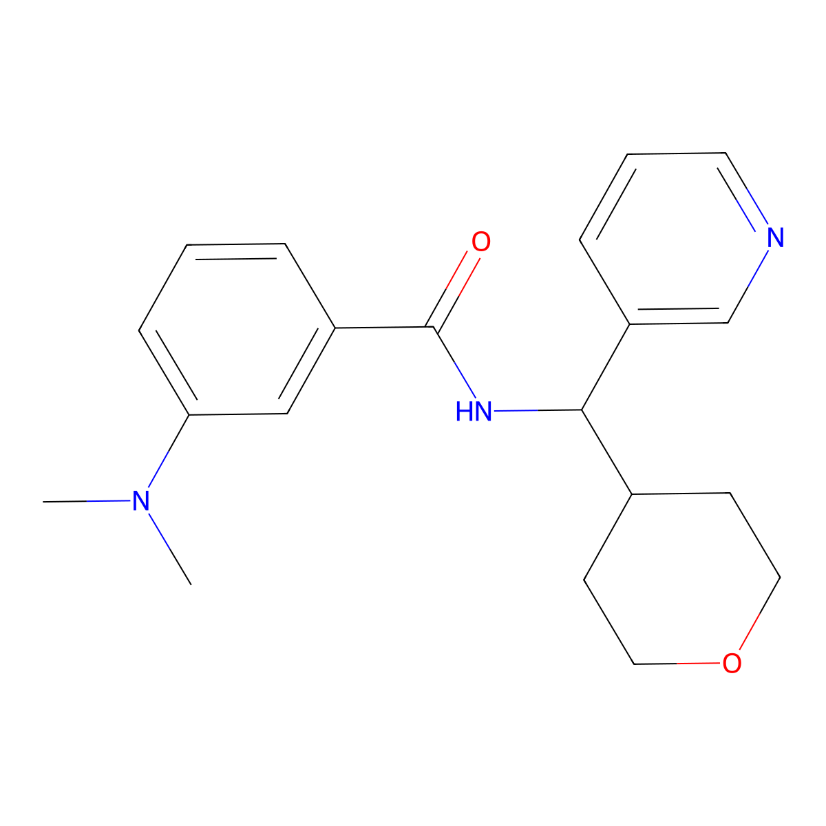 3-(dimethylamino)-N-(pyridin-3-yl(tetrahydro-2H-pyran-4-yl)methyl)benzamide molecular structure, CAS 2034456-23-8