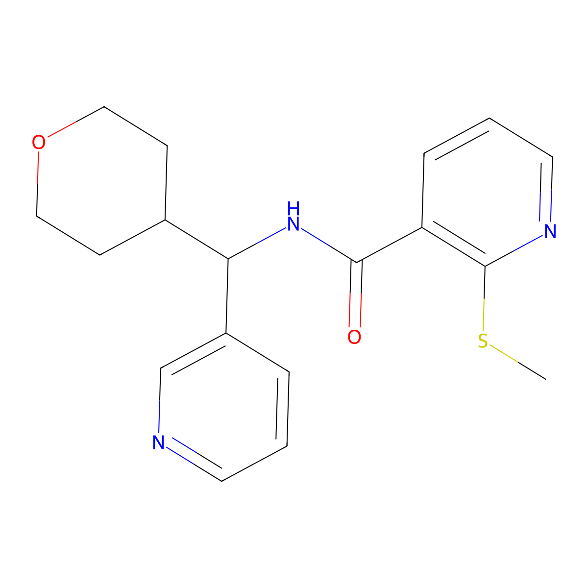 2-(methylthio)-N-(pyridin-3-yl(tetrahydro-2H-pyran-4-yl)methyl)nicotinamide molecular structure, CAS 2034456-34-1