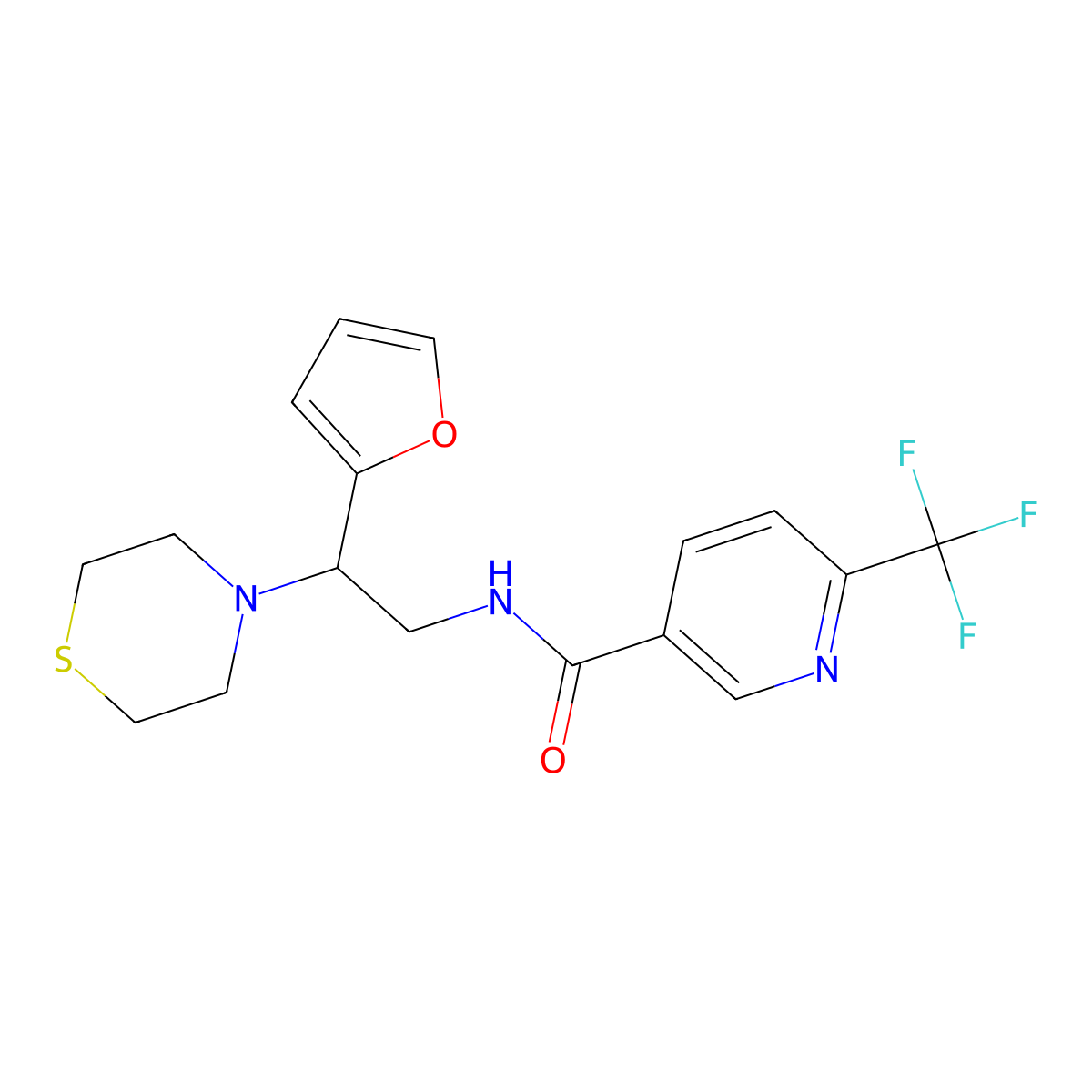N-(2-(furan-2-yl)-2-thiomorpholinoethyl)-6-(trifluoromethyl)nicotinamide molecular structure, CAS 2034456-41-0