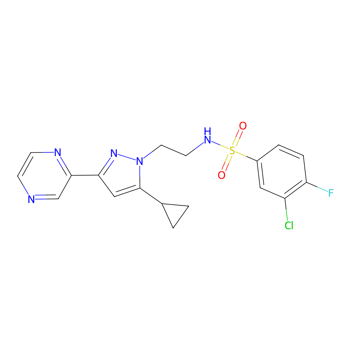 3-chloro-N-(2-(5-cyclopropyl-3-(pyrazin-2-yl)-1H-pyrazol-1-yl)ethyl)-4-fluorobenzenesulfonamide molecular structure, CAS 2034456-45-4