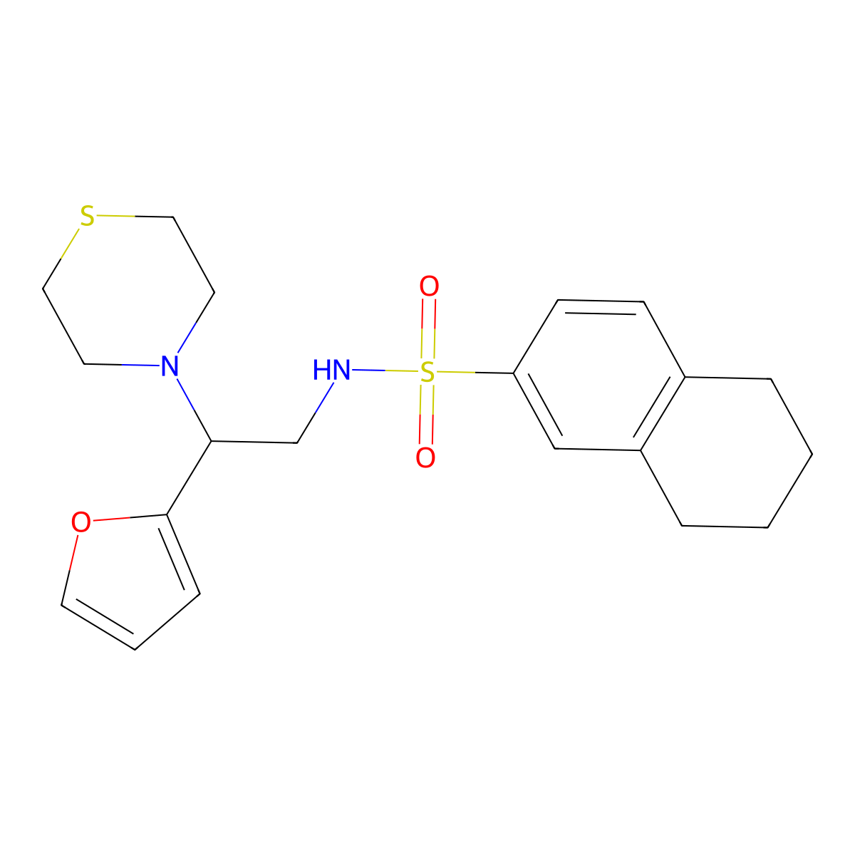 N-(2-(furan-2-yl)-2-thiomorpholinoethyl)-5,6,7,8-tetrahydronaphthalene-2-sulfonamide molecular structure, CAS 2034456-50-1