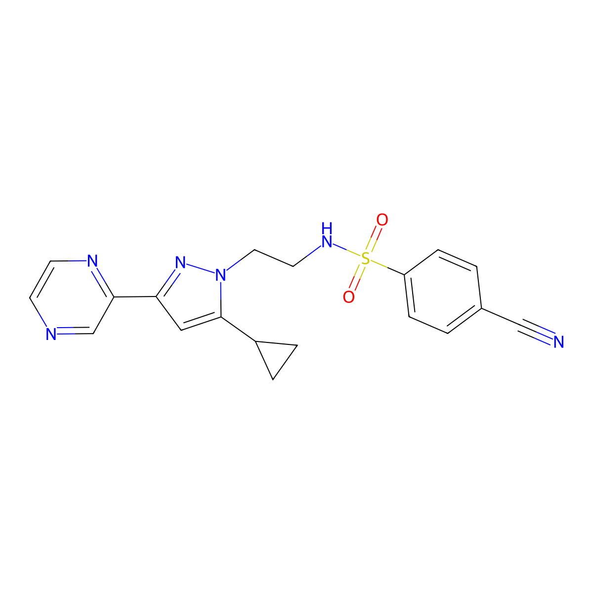4-cyano-N-(2-(5-cyclopropyl-3-(pyrazin-2-yl)-1H-pyrazol-1-yl)ethyl)benzenesulfonamide molecular structure, CAS 2034456-51-2