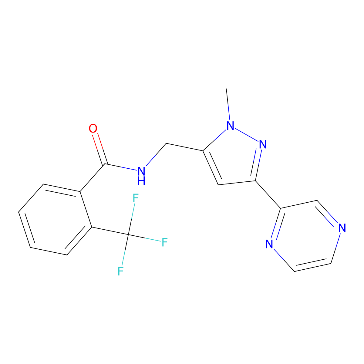 N-{[1-methyl-3-(pyrazin-2-yl)-1H-pyrazol-5-yl]methyl}-2-(trifluoromethyl)benzamide molecular structure, CAS 2034456-54-5