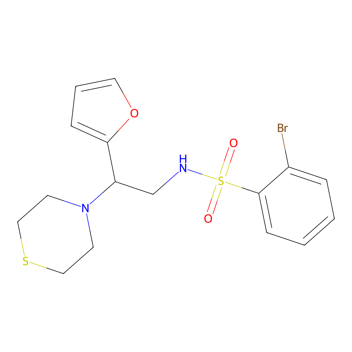 2-bromo-N-(2-(furan-2-yl)-2-thiomorpholinoethyl)benzenesulfonamide molecular structure, CAS 2034456-60-3