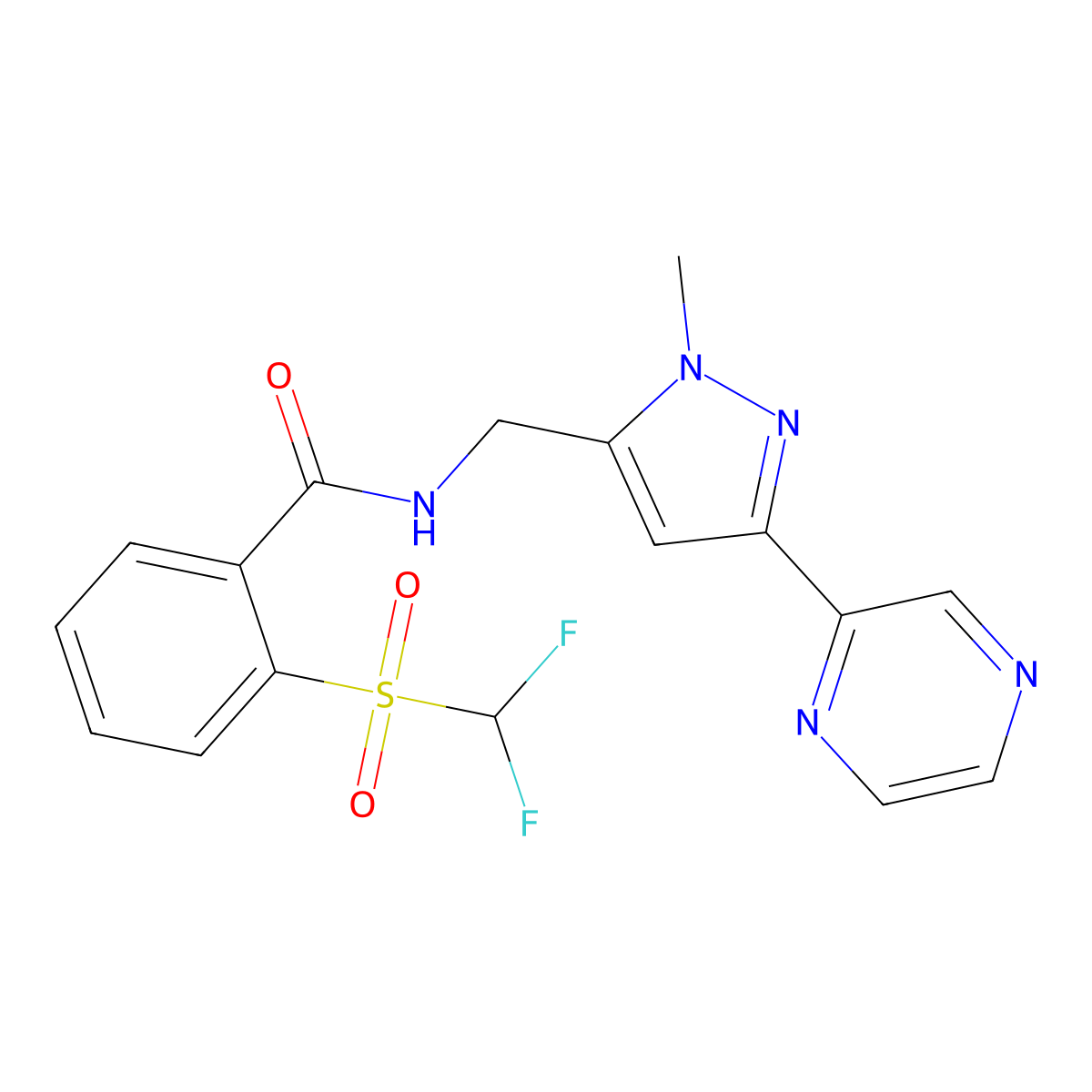 2-((difluoromethyl)sulfonyl)-N-((1-methyl-3-(pyrazin-2-yl)-1H-pyrazol-5-yl)methyl)benzamide molecular structure, CAS 2034456-62-5