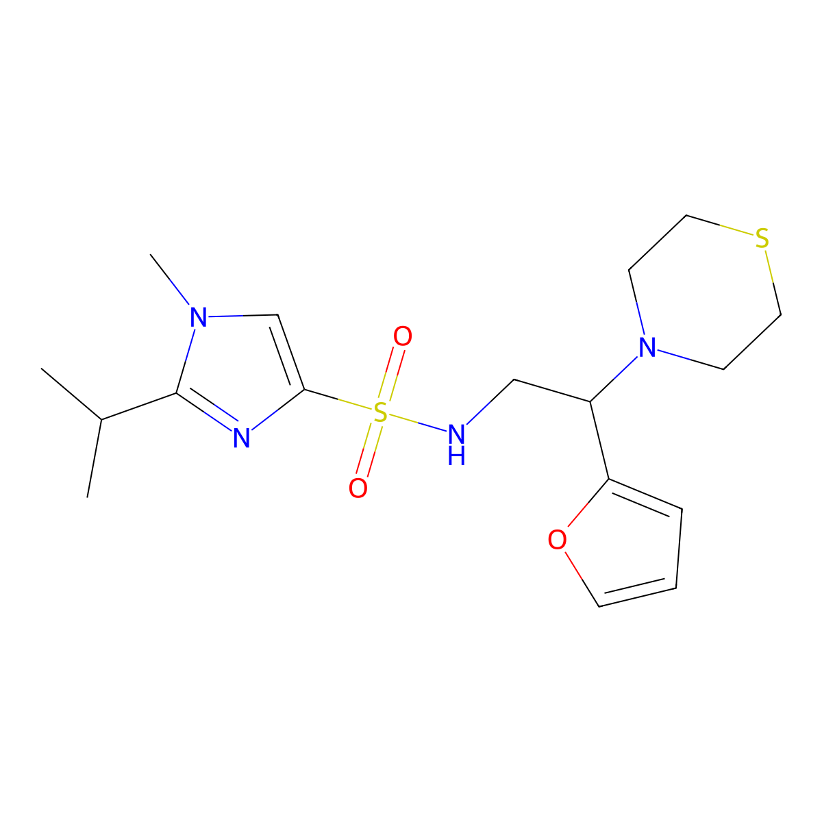 N-(2-(furan-2-yl)-2-thiomorpholinoethyl)-2-isopropyl-1-methyl-1H-imidazole-4-sulfonamide molecular structure, CAS 2034456-66-9