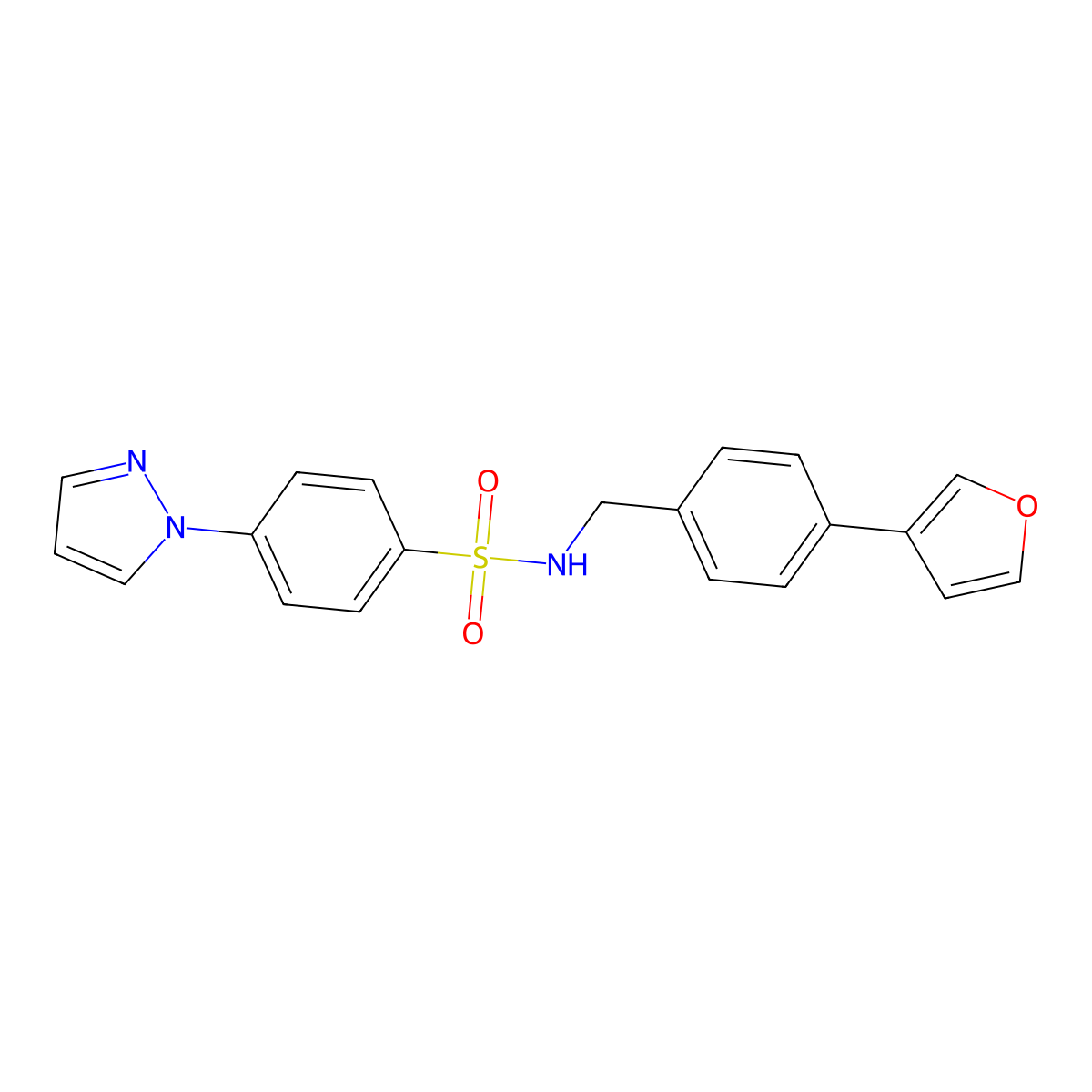 N-(4-(furan-3-yl)benzyl)-4-(1H-pyrazol-1-yl)benzenesulfonamide molecular structure, CAS 2034456-72-7
