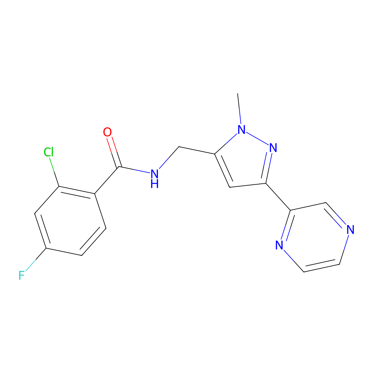 2-chloro-4-fluoro-N-((1-methyl-3-(pyrazin-2-yl)-1H-pyrazol-5-yl)methyl)benzamide molecular structure, CAS 2034456-79-4