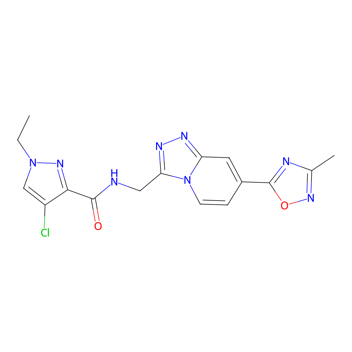 4-chloro-1-ethyl-N-((7-(3-methyl-1,2,4-oxadiazol-5-yl)-[1,2,4]triazolo[4,3-a]pyridin-3-yl)methyl)-1H-pyrazole-3-carboxamide molecular structure, CAS 2034456-91-0