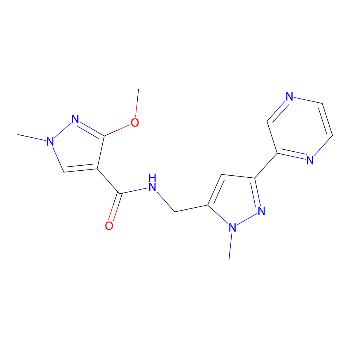 3-methoxy-1-methyl-N-((1-methyl-3-(pyrazin-2-yl)-1H-pyrazol-5-yl)methyl)-1H-pyrazole-4-carboxamide molecular structure, CAS 2034456-95-4