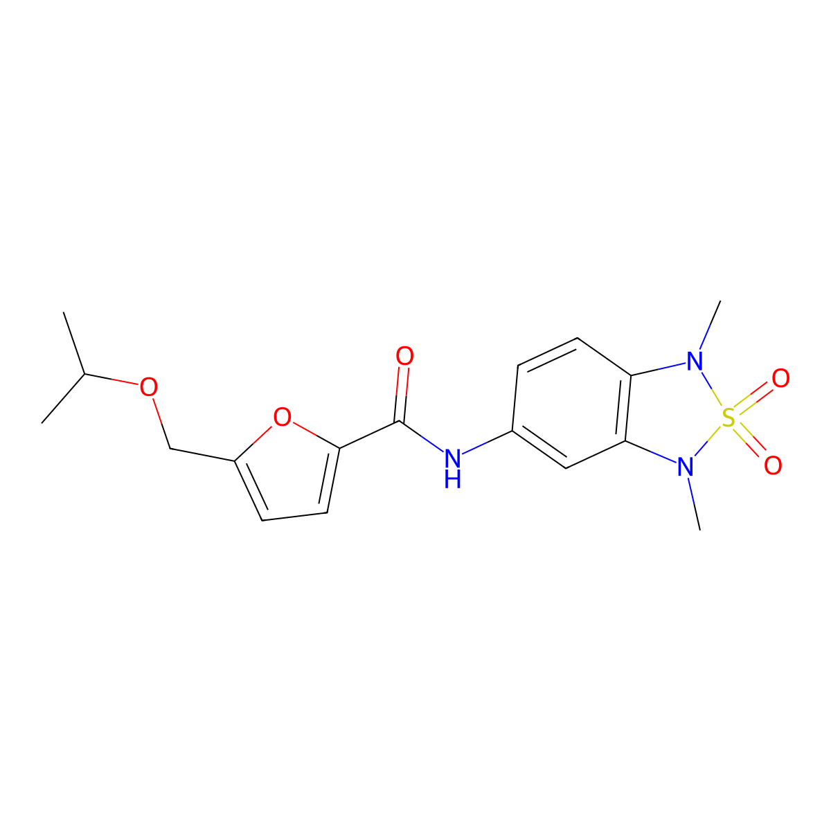 N-(1,3-dimethyl-2,2-dioxido-1,3-dihydrobenzo[c][1,2,5]thiadiazol-5-yl)-5-(isopropoxymethyl)furan-2-carboxamide molecular structure, CAS 2034457-00-4