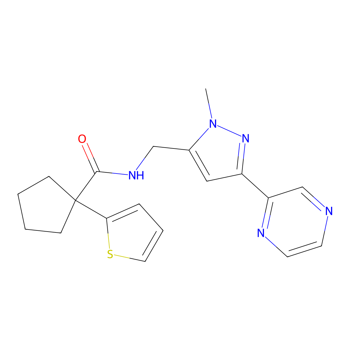 N-((1-methyl-3-(pyrazin-2-yl)-1H-pyrazol-5-yl)methyl)-1-(thiophen-2-yl)cyclopentanecarboxamide molecular structure, CAS 2034457-07-1