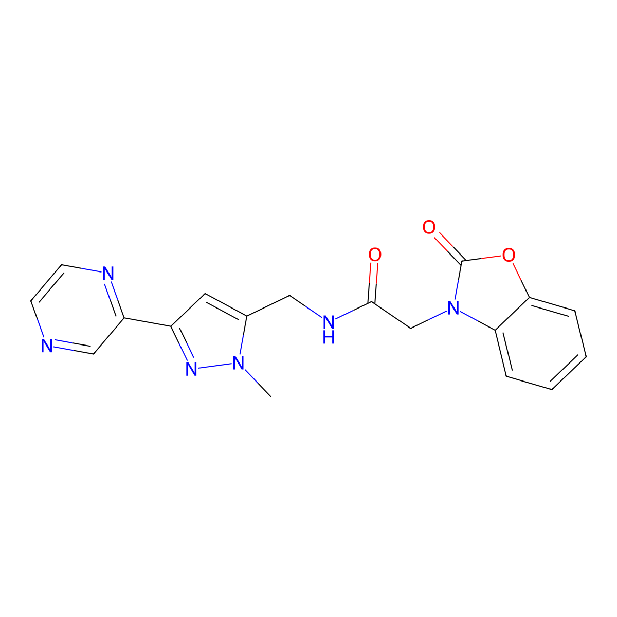 N-((1-methyl-3-(pyrazin-2-yl)-1H-pyrazol-5-yl)methyl)-2-(2-oxobenzo[d]oxazol-3(2H)-yl)acetamide molecular structure, CAS 2034457-15-1