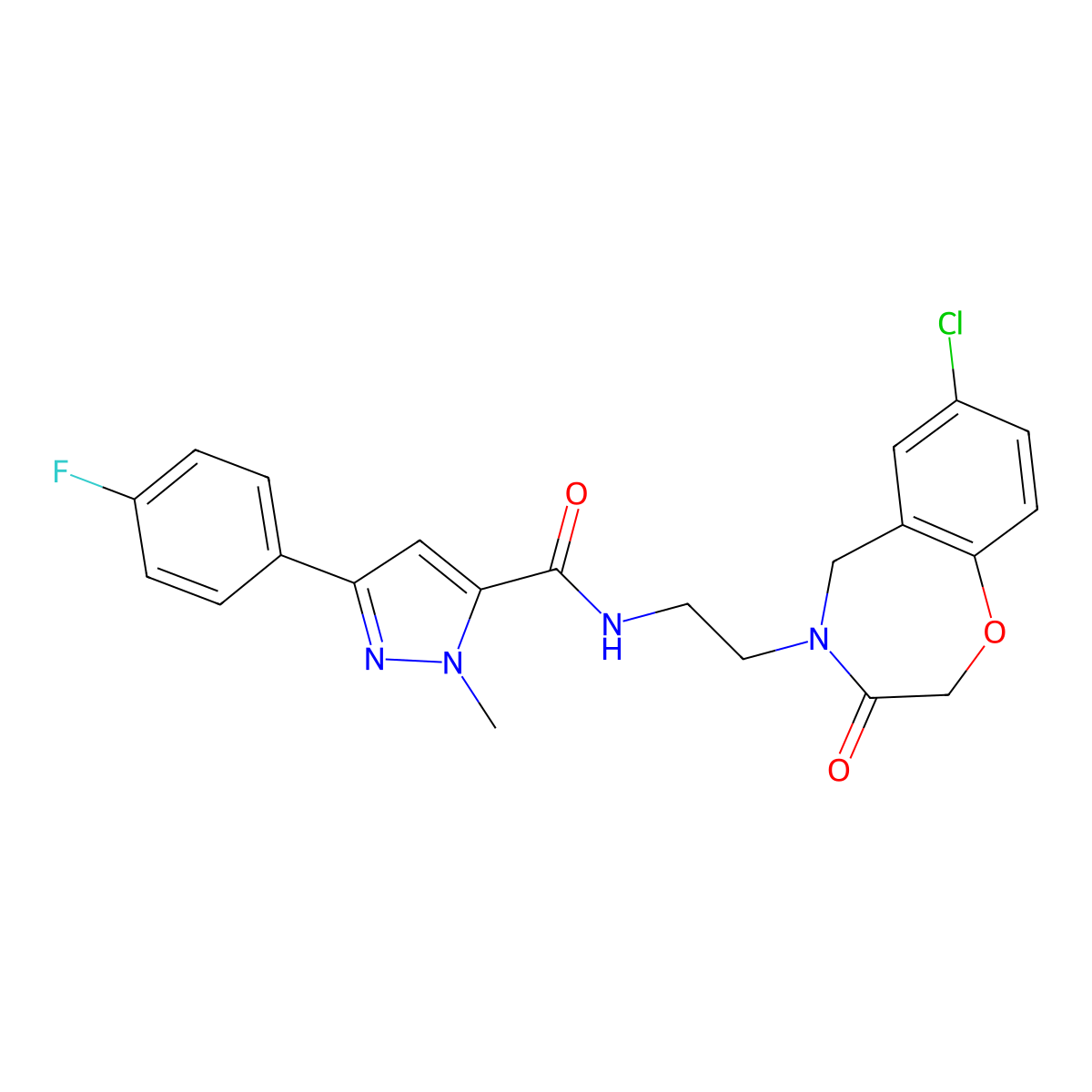 N-(2-(7-chloro-3-oxo-2,3-dihydrobenzo[f][1,4]oxazepin-4(5H)-yl)ethyl)-3-(4-fluorophenyl)-1-methyl-1H-pyrazole-5-carboxamide molecular structure, CAS 2034457-24-2