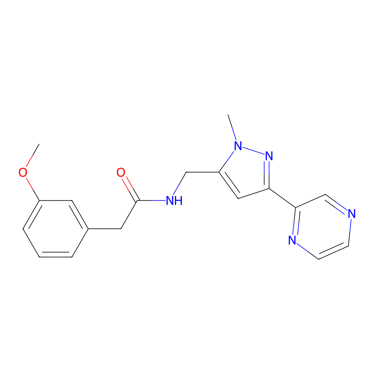 2-(3-methoxyphenyl)-N-((1-methyl-3-(pyrazin-2-yl)-1H-pyrazol-5-yl)methyl)acetamide molecular structure, CAS 2034457-33-3
