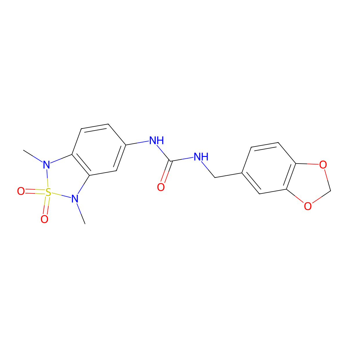 1-(Benzo[d][1,3]dioxol-5-ylmethyl)-3-(1,3-dimethyl-2,2-dioxido-1,3-dihydrobenzo[c][1,2,5]thiadiazol-5-yl)urea molecular structure, CAS 2034457-40-2